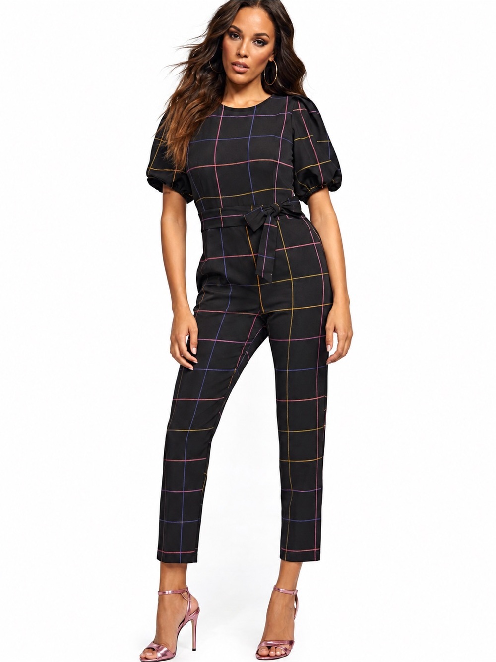 New York & Co. Rainbow Windowpane Plaid Puff Sleeve Jumpsuit Black XS Retro 80s